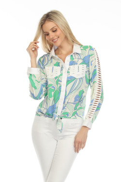 Front of the Floral Front Tie Top from AZI Jeans style Z12732 in the color green