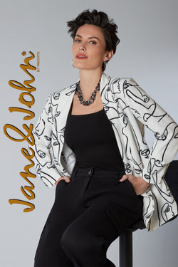 Front of the Abstract Face Print Blazer from Jane & John style J-200 in the colors white and black