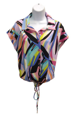 Front of the Button-Up Tie Blouse from Pure Essence style 521-4956 in the multicolor print