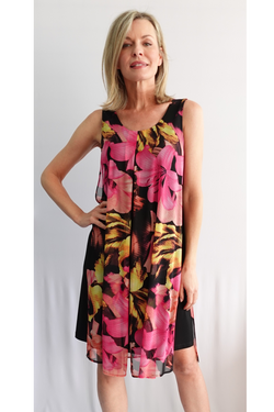 Front of the Floral Split Front Dress from Soft Works style 97225 in the colors black and pink