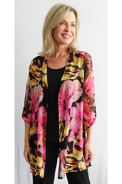 Front of the Floral Chiffon Duster from Soft Works style 91214 in the colors black and pink