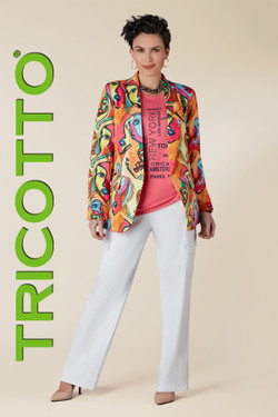 Front of the Artsy Face Print Jacket from Tricotto style 408 in the color orange