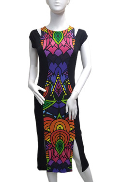 Front of the Open Shoulder Double Slit Dress from Eva Varro style D12941 in the Barb / Black print