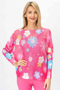 Front of the Flower Print Sweater from Look Mode style 4100 in the color fuchsia