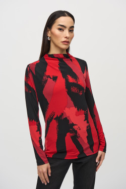 Front of the Silky Knit Abstract Print Mock Neck Top style 244233 from Joseph Ribkoff in the black multi print