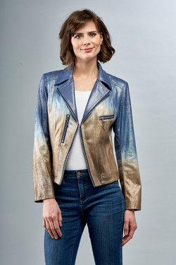 Front of the Metallic Vegan Leather Motorcycle Jacket style BCJ17681MPRF from Insight New York in the blue multicolor print