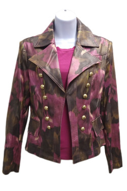 Front of the Liquid Amazon Metallic Vegan Leather Moto Jacket style BCJ5726BMPRA from Insight in the multicolor print