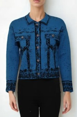 Front of the Sweater Jean Jacket JK12487 from Metric Knits in the colors indigo and black