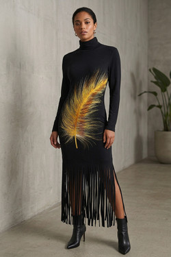 Front of the Feather Mock Neck Fringe Dress style D12980F from Eva Varro in the jenna/black print