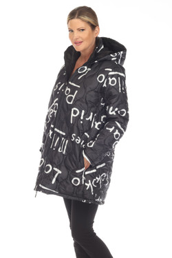 Front of the Reversible Letter Print Puffer Coat style J2401RW-2 from Oopera in the colors black and white