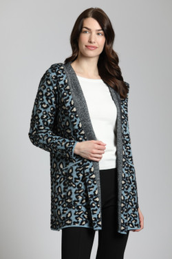Front of the Animal Print Cozy Hooded Cardigan style SW98B in the multicolor print