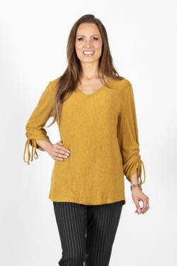 Front of the Ruched Sleeve V-Neck Top style 124-4578 from Pure Essence in the color honey