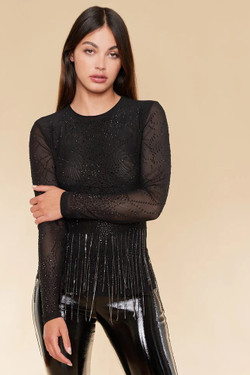 Front of the Crystal Fringe Mesh Top style M5149 from Oo La La in the color gunmetal