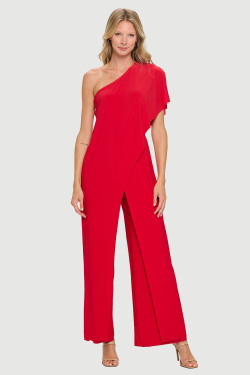 Front of the Off-Shoulder Draped Jumpsuit with Side Slit style MS1914 from Last Tango in the color red