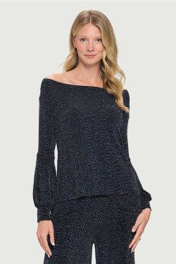 Front of the Glittery Boat Neck Top style MS1822-248 from Last Tango in the colors blue and black