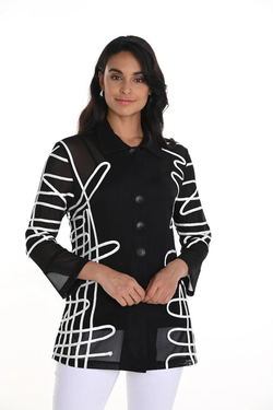 Front of the Abstract Soutache Sheer Jacket style 256791 from Frank Lyman in the colors black and white