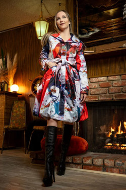 Front of the Classic Bubble Coat Dress style 11665 from Samuel Dong in the Orange/Marine print