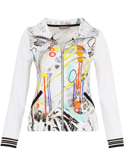 Front of the Celebrate Zip Up Jacket style 25608 from Dolcezza in the multicolor print