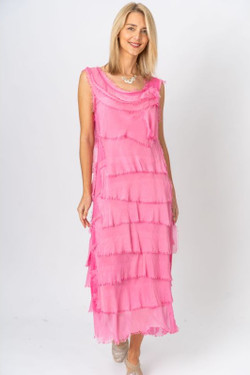 Front of the Long Silk Ruffle Dress style 2031 from Look Mode in the color raspberry