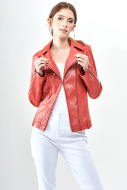 Front of the Metallic Faux Leather Moto Jacket style BCJ101A08M from Insight in the color red