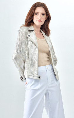 Front of the Metallic Knit Vegan Leather Moto Jacket style BCJ101C06KNT from Insight in the colors Liquid Silver Clouds