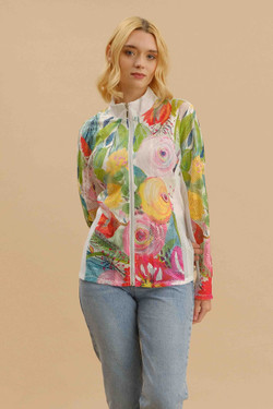 Front of the Floral Mesh Zip Up Jacket style 125156 from Cativa in the multicolor print