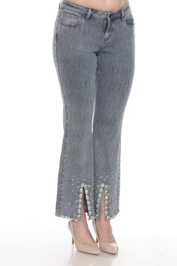 Front of the Textured Crystal Split Flare Jeans style Z13087 from AZI in the color light denim