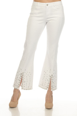 Front of the Sasha Crystal Split Flare Jeans style Z12817 from AZI in the color white