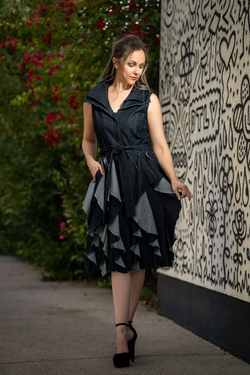 Front of the Denim Ruffle Bottom Dress style S25024 from Samuel Dong