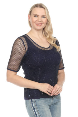 Front of the Mesh Metallic 2pc Top style Z13028 from AZI in the color navy