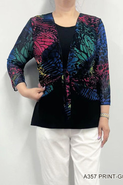 Front of the Rainbow Butterfly Wing Mesh Shrug style A357-G1 from Fashion Cage in the multicolor print