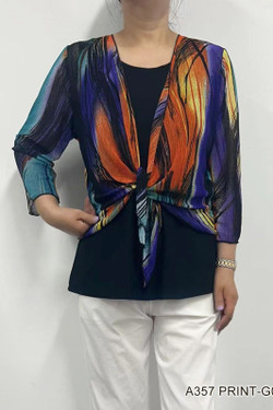 Front of the Multi Abstract Mesh Shrug style A357-G7 from Fashion Cage in the multicolor print