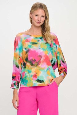 Front of the Boat Neck Batwing Top with Arm Cuffs style MS1917-257 from Last Tango in the multicolor print