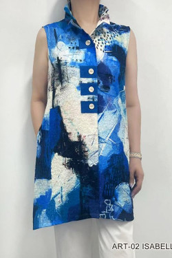 Front of the Wire Collar Crinkle Vest style ART02 from Fashion Cage in the blue / multi print