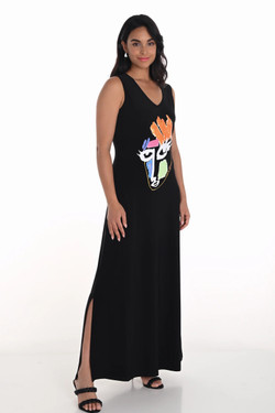 Front of the Graphic Face Print Maxi Dress style 251551 from Frank Lyman in the colors black and multi