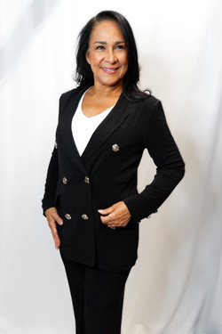 Front of the Peaked Lapel Double Breasted Blazer style J12948 from Eva Varro in the color black