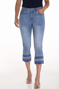Front of the Scalloped Embroidered Hem Jean Capris style 251559 from Frank Lyman in the color blue