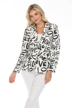 Front of the Love Print Blazer style J5207-1 from Oopera in the colors black and white