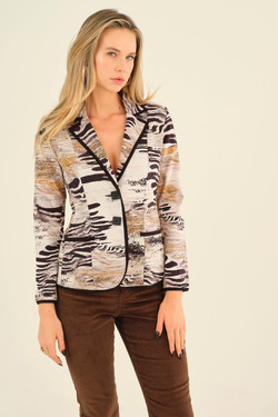 Model wearing the Animal Unbalanced Art Print Blazer style 75687 from Dolcezza in the multicolor print
