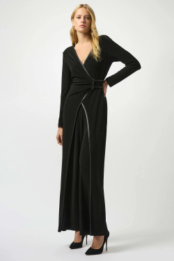 Front of the Silky Knit & Leatherette Wide-Leg Jumpsuit style 253249 from Joseph Ribkoff in the color black