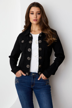 Front of the Big Buttons Denim Jacket style 252100 from Orly in the color black
