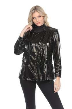 Front of the Patent Leather Asymmetrical Jacket style J2515W from Lindi in the color black
