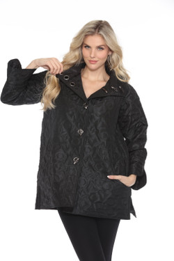 Front of the Geometric Puffy Print Toggle Coat style J2542RW-1 from Lindi in the color black