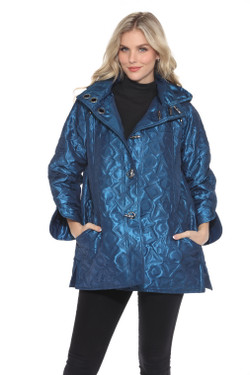 Front of the Geometric Puffy Print Toggle Coat style J2542RW-5 from Lindi in the color blue