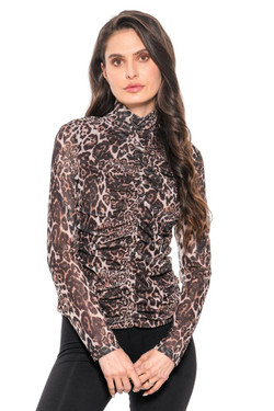 Front of the Animal Print Ruched Turtleneck Top style A220-D from Adore in the color brown
