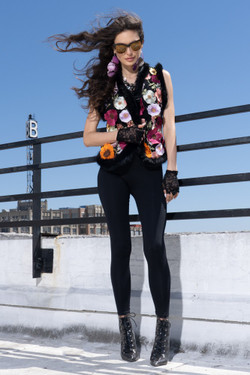 Model wearing the Floral Embroidered Vest With Faux Fur Trim style BS2553 from Adore in the multicolor print