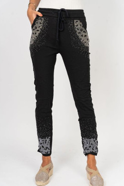 Front of the Cheetah Rhinestone Pants style 21655 from Look Mode in the color black