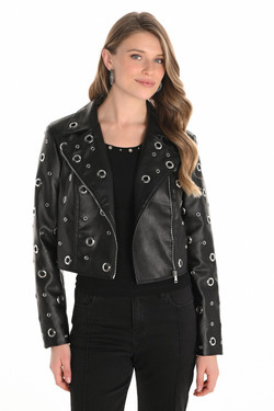 Front of the Pleather Jacket with Grommets style 253848 from Frank Lyman in the color black