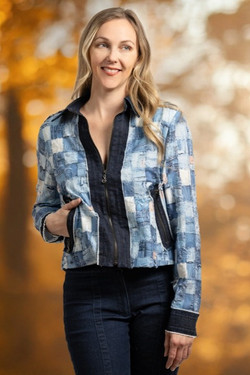 Front of the Denim Patchwork Zip Up Jacket style F25018 from Samuel Dong