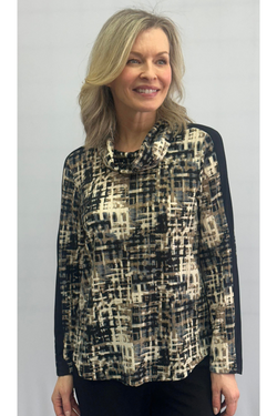 Front of the Criss Cross Cowl Neck Top style 102295 from Soft Works in the colors black and tan